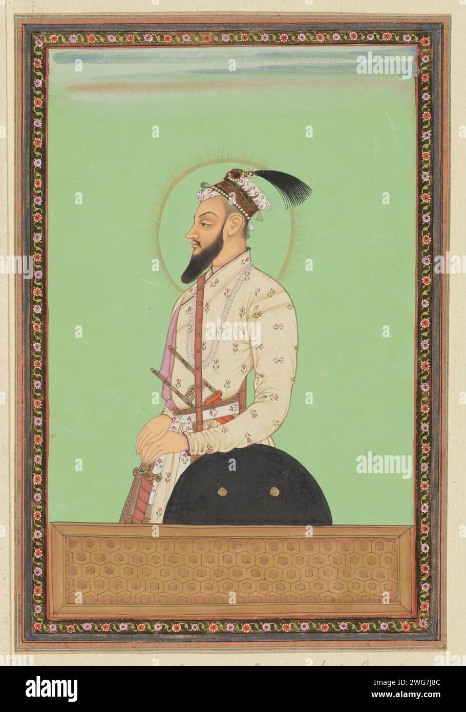 Portrait of Shah Alam, son of Aurangzeb who was born after Sultanji; He was first governor (subagar) of Deccan; After he was battle against Sambaji, the son of Sivaji, he now turned against Sultan Abu'l-Hasan and wags war with him, c. 1686 drawing. Indian miniature Shah Alam is depicted to his hips, used to the left, his both hands on his sword, in his belt a kattan. Leaf 11 in the `Witsen-Album ', with 49 Indian miniatures of princes. Above the portrait a piece of paper with the name in Persian. Under the portrait a piece of paper with the name in the Portuguese. Golkonda paper. deck paint. g Stock Photo